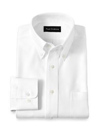 Non-Iron Cotton Herringbone Button Down Collar Dress Shirt - White