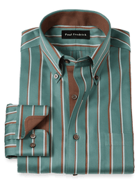 Non-Iron Cotton Stripe Dress Shirt With Contrast Trim - Pine Green