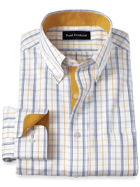 Non-Iron Cotton Windowpane Dress Shirt With Contrast Trim - White/gold