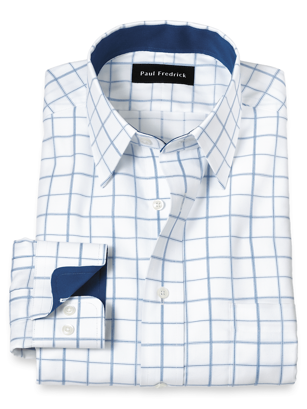 Product Image of Non-iron Cotton Windowpane Dress Shirt With Contrast Trim-White/Blue