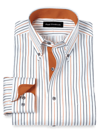 Non-Iron Cotton Stripe Dress Shirt With Contrast Trim - White/rust