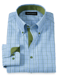 Non-Iron Cotton Windowpane Dress Shirt With Contrast Trim - Blue