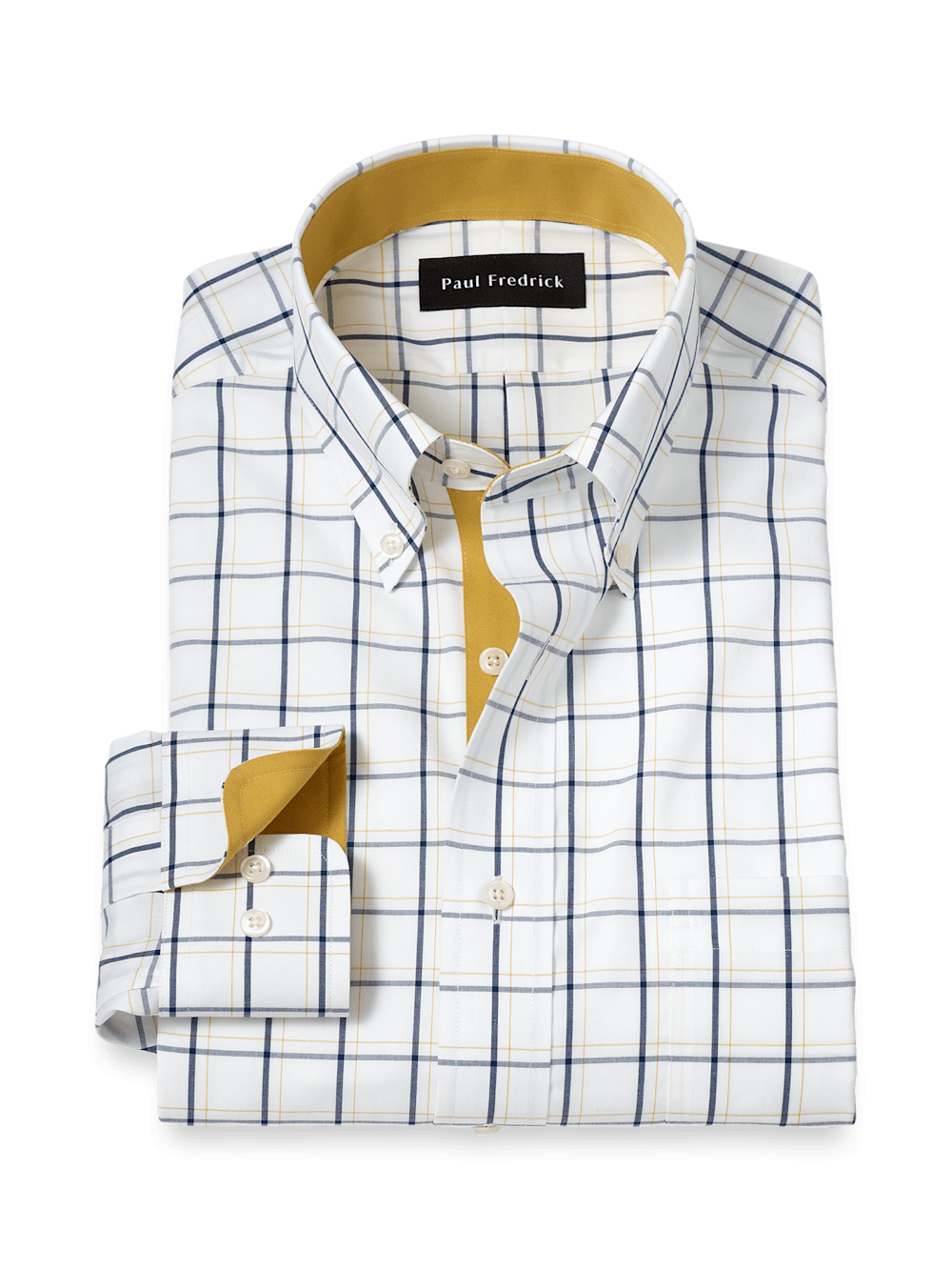 Product Image of Non-iron Cotton Windowpane Dress Shirt With Contrast Trim-Navy/Gold