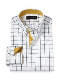Non-Iron Cotton Windowpane Dress Shirt With Contrast Trim - Navy/gold