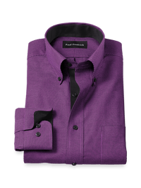 Non-Iron Cotton Houndstooth Dress Shirt With Contrast Trim - Black/purple