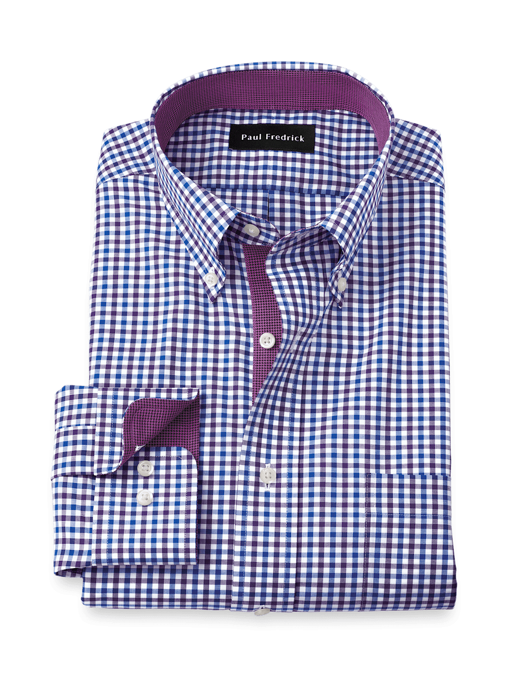 Product Image of Non-iron Cotton Gingham Dress Shirt With Contrast Trim-Blue/Purple