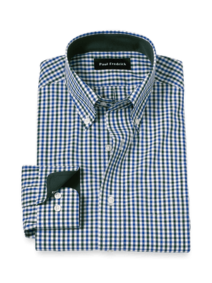 Non-Iron Cotton Gingham Dress Shirt With Contrast Trim - Blue/green