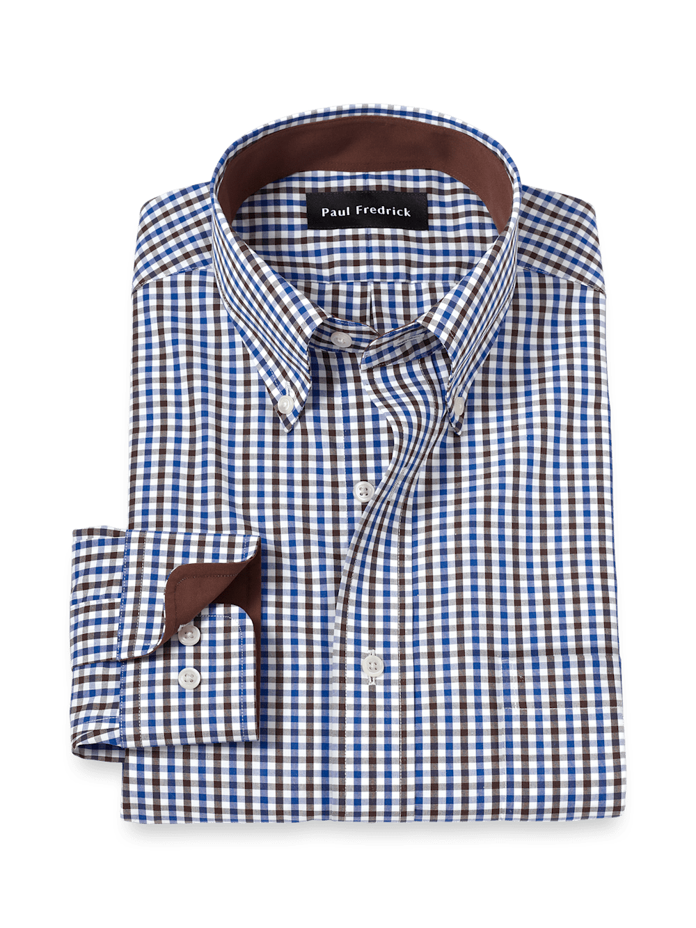 Product Image of Non-iron Cotton Gingham Dress Shirt With Contrast Trim-Blue/Brown