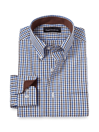 Non-Iron Cotton Gingham Dress Shirt With Contrast Trim - Blue/brown