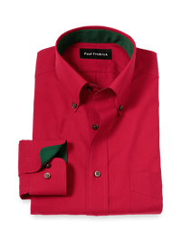 Non-Iron Cotton Solid Dress Shirt With Contrast Trim - Red