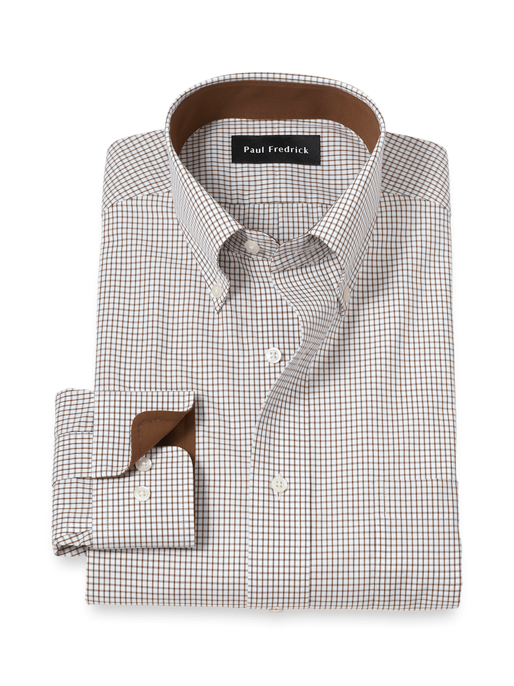 Product Image of Non-iron Cotton Check Dress Shirt With Contrast Trim-Brown/White