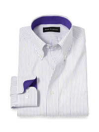 Non-Iron Cotton Stripe Dress Shirt With Contrast Trim - Purple