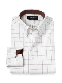 Non-Iron Cotton Windowpane Dress Shirt With Contrast Trim - Brown