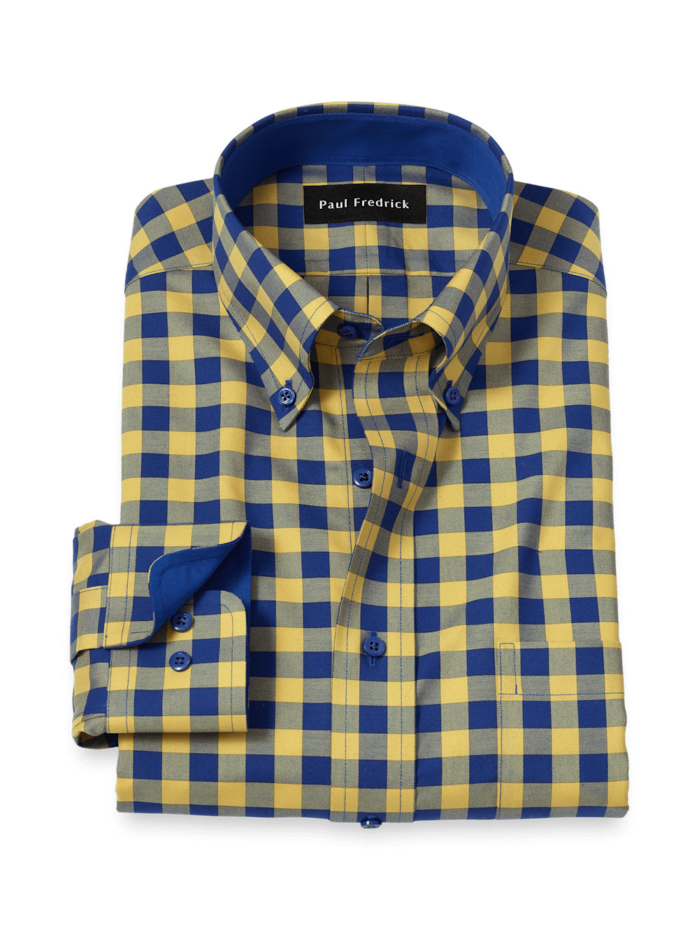 Product Image of Non-iron Cotton Gingham Dress Shirt With Contrast Trim-Blue/Yellow