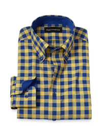Non-Iron Cotton Gingham Dress Shirt With Contrast Trim - Blue/yellow