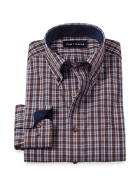 Non-Iron Cotton Plaid Dress Shirt With Contrast Trim - Brown/blue