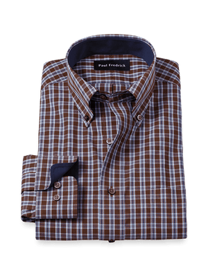 Non-Iron Cotton Plaid Dress Shirt With Contrast Trim - Brown/blue