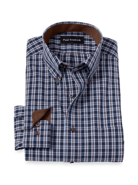 Non-Iron Cotton Plaid Dress Shirt With Contrast Trim - Navy/brown