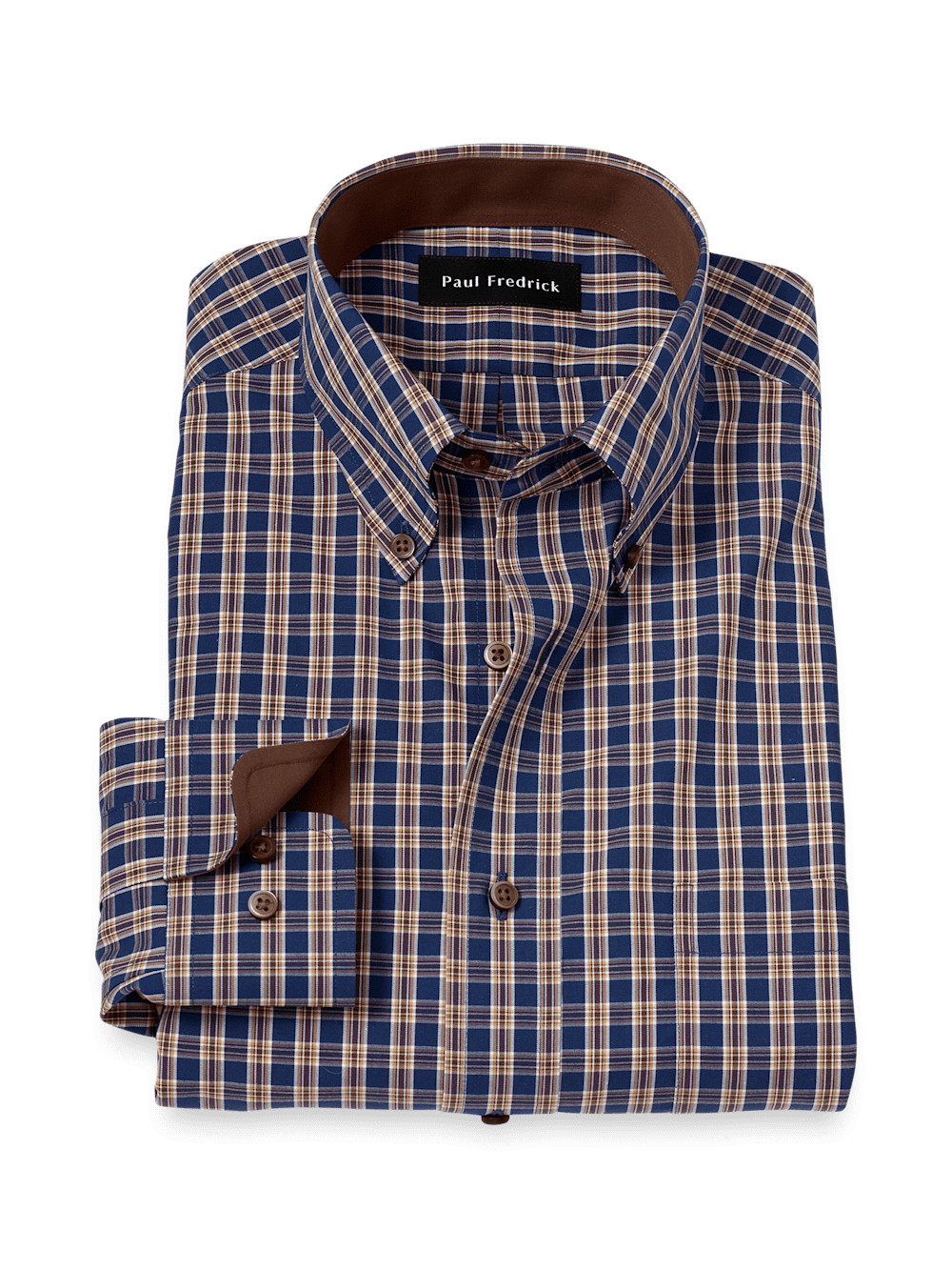 Product Image of Non-iron Cotton Plaid Dress Shirt With Contrast Trim-Blue/Brown
