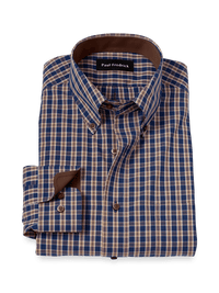 Non-Iron Cotton Plaid Dress Shirt With Contrast Trim - Blue/brown