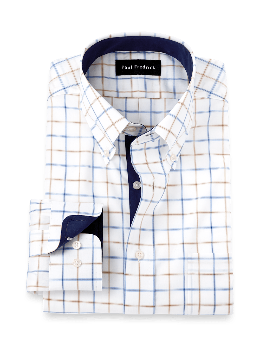 Product Image of Non-iron Cotton Check Dress Shirt With Contrast Trim-Blue/Tan