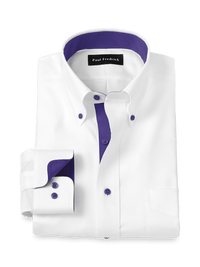Comfort Stretch Non-Iron Solid Dress Shirt With Contrast Trim - White/purple