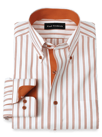 Comfort Stretch Non-Iron Stripe Dress Shirt With Contrast Trim - Rust