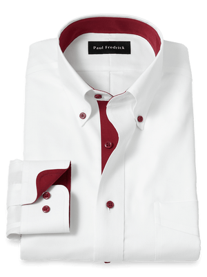 Comfort Stretch Non-Iron Solid Dress Shirt With Contrast Trim - White/burgundy