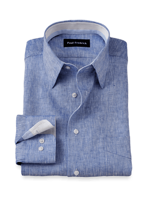 Non-Iron Linen Solid Dress Shirt With Contrast Trim - Dark Blue