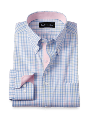 Comfort Stretch Non-Iron Tattersall Dress Shirt With Contrast Trim - Blue/pink