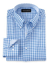 Non-Iron Cotton Gingham Dress Shirt With Contrast Trim - Blue