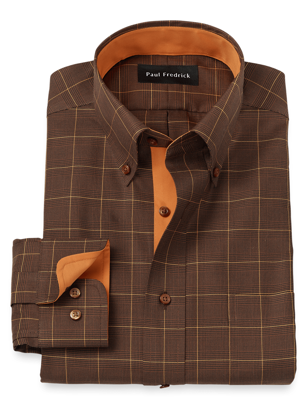 Product Image of Non-iron Cotton Windowpane Dress Shirt With Contrast Trim-Brown/Orange