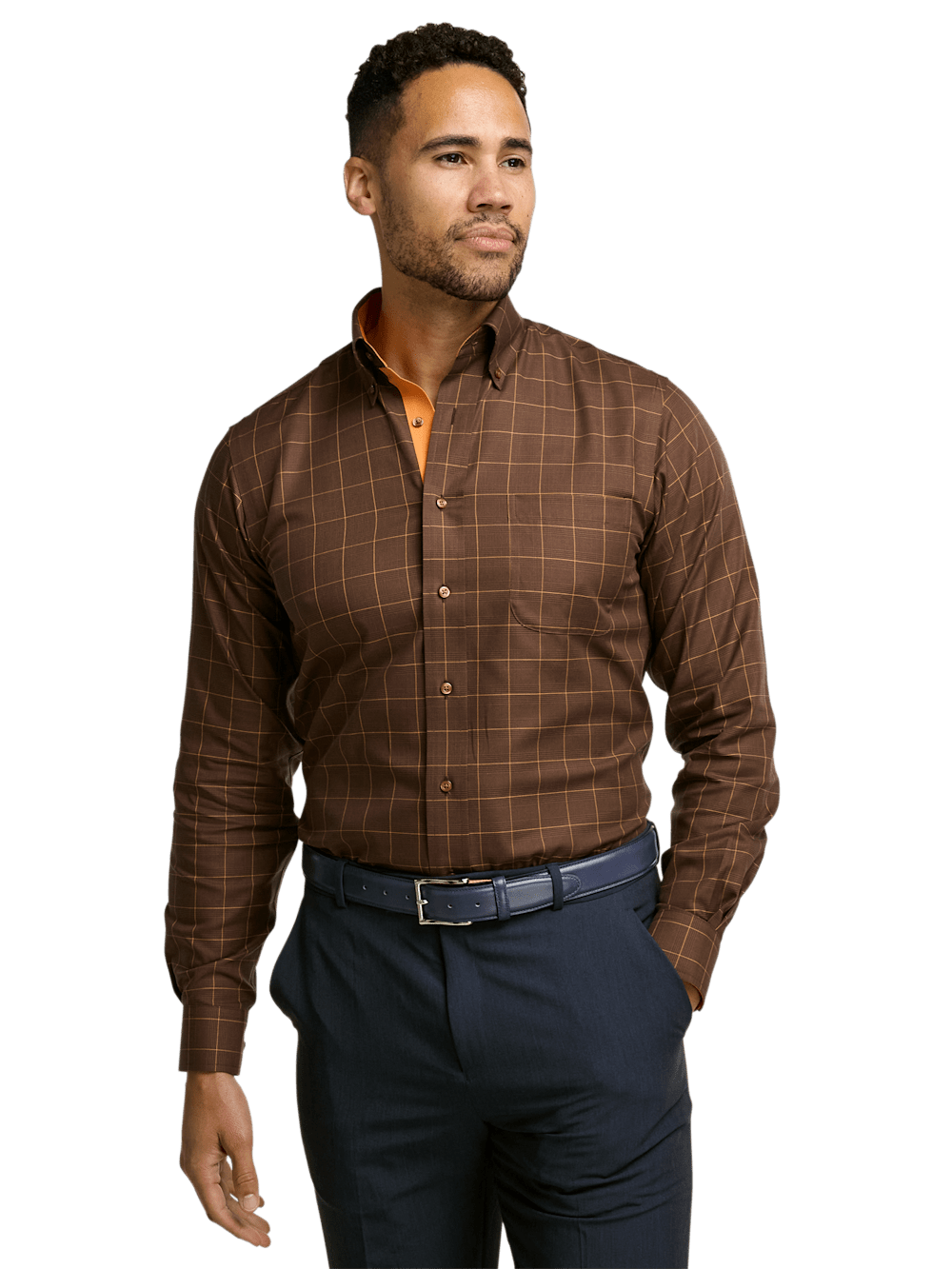 Alternate Image of Non-iron Cotton Windowpane Dress Shirt With Contrast Trim-1