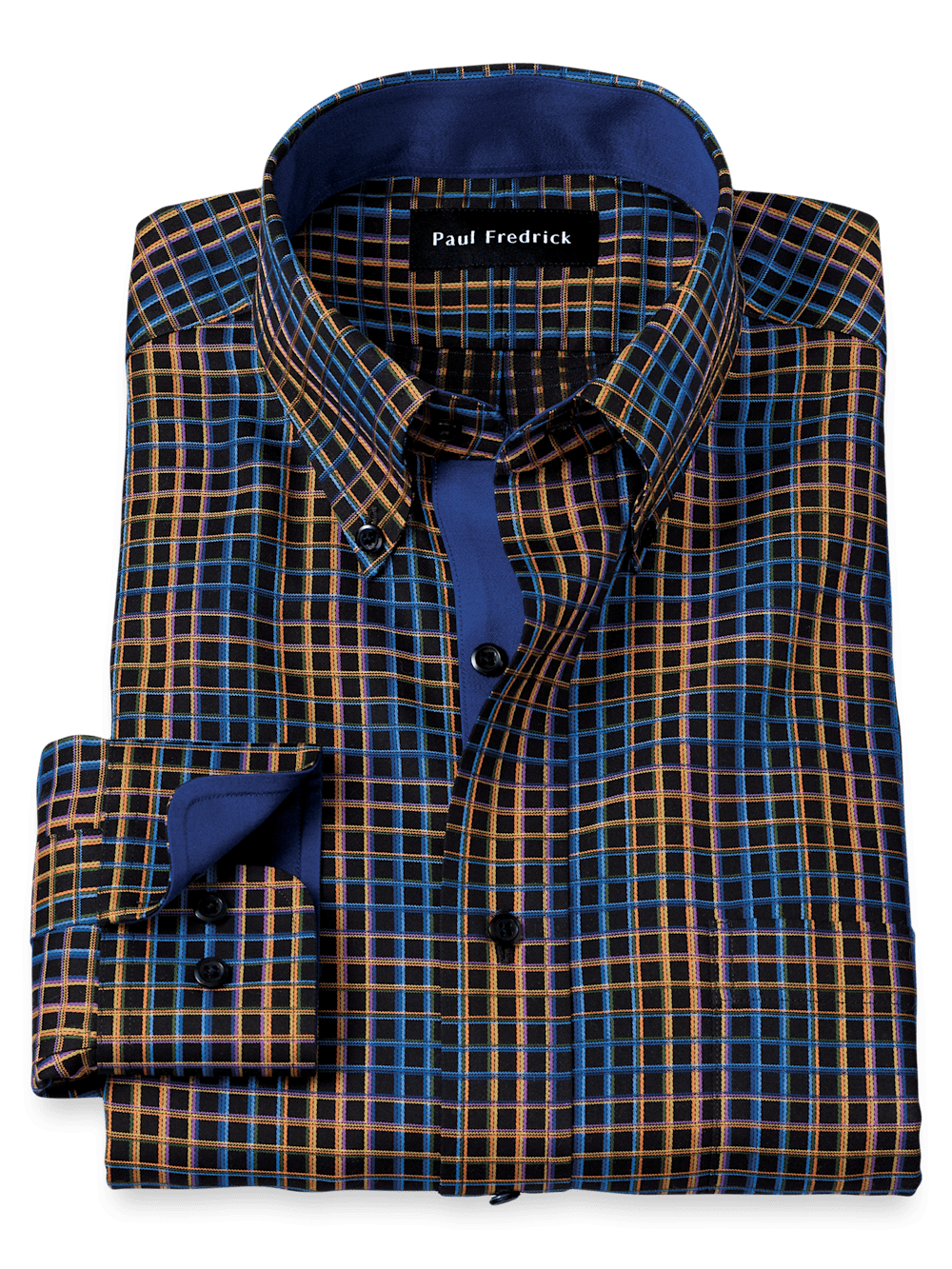Product Image of Non-iron Cotton Check Dress Shirt With Contrast Trim-Black/Orange