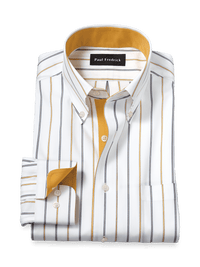 Non-Iron Cotton Stripe Dress Shirt With Contrast Trim - White/brown