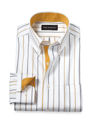 Non-Iron Cotton Stripe Dress Shirt With Contrast Trim - White/brown