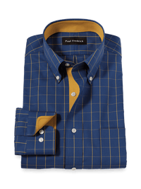 Non-Iron Cotton Check Dress Shirt With Contrast Trim - Blue