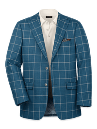 Wool Windowpane Single Breasted Peak Lapel Sport Coat - Teal