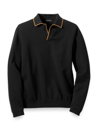 Cotton V-Neck Polo Sweater - Black