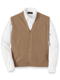 Cotton Button Front Cardigan Vest - Camel