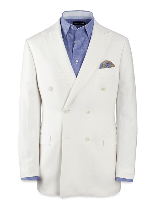 Linen Blend Double Breasted Peak Lapel Suit Jacket - White