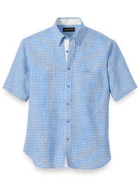 Linen Gingham Check Casual Shirt - Blue