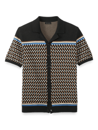Cotton Button Front Camp Collar Sweater - Black/brown