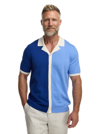 Cotton Button Front Camp Collar Sweater - Blue