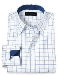 Non-Iron Cotton Windowpane Dress Shirt With Contrast Trim - White/blue