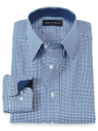 Non-Iron Cotton Gingham Dress Shirt With Contrast Trim - Navy
