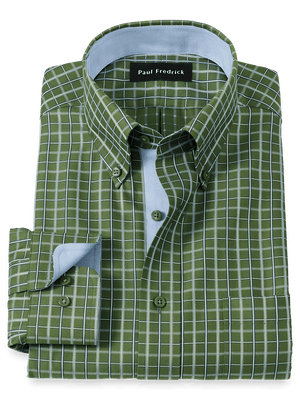 Non-Iron Cotton Windowpane Dress Shirt With Contrast Trim - Green