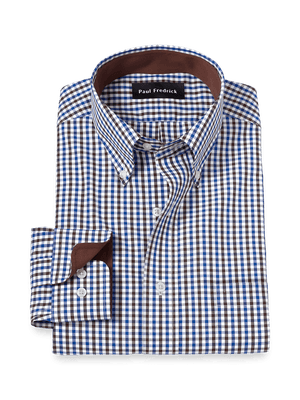 Non-Iron Cotton Gingham Dress Shirt With Contrast Trim - Blue/brown