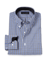 Non-Iron Cotton Gingham Dress Shirt With Contrast Trim - Blue/black