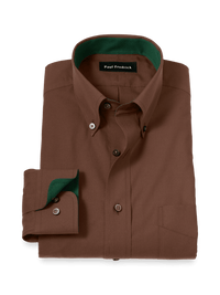 Non-Iron Cotton Solid Dress Shirt With Contrast Trim - Brown